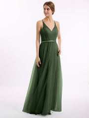 V Neck Tulle Long Dresses with Satin Sash Olive Green Plus Size