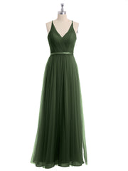 V Neck Tulle Long Dresses with Satin Sash Olive Green Plus Size