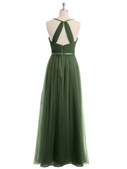 V Neck Tulle Long Dresses with Satin Sash Olive Green Plus Size