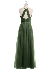 V Neck Tulle Long Dresses with Satin Sash Olive Green