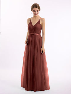 V Neck Tulle Long Dresses with Satin Sash Terracotta