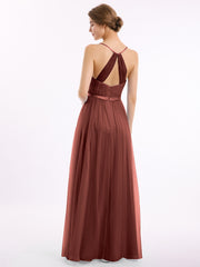 V Neck Tulle Long Dresses with Satin Sash Terracotta Plus Size