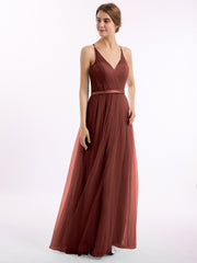 V Neck Tulle Long Dresses with Satin Sash Terracotta Plus Size