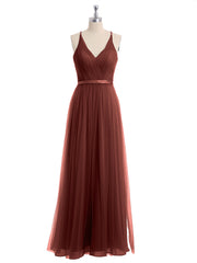 V Neck Tulle Long Dresses with Satin Sash Terracotta Plus Size