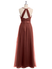 V Neck Tulle Long Dresses with Satin Sash Terracotta Plus Size
