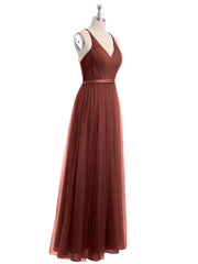 V Neck Tulle Long Dresses with Satin Sash Terracotta Plus Size