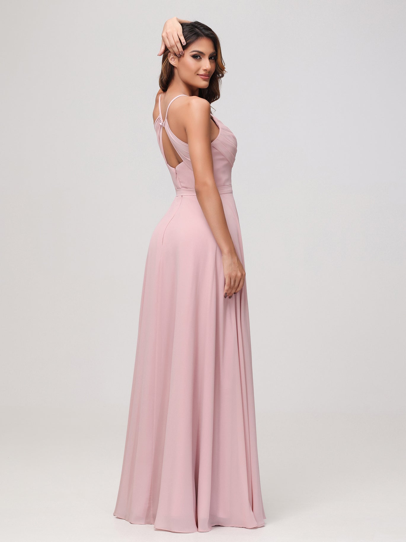 Chiffon Long Dresses with Illusion NECK Taupe