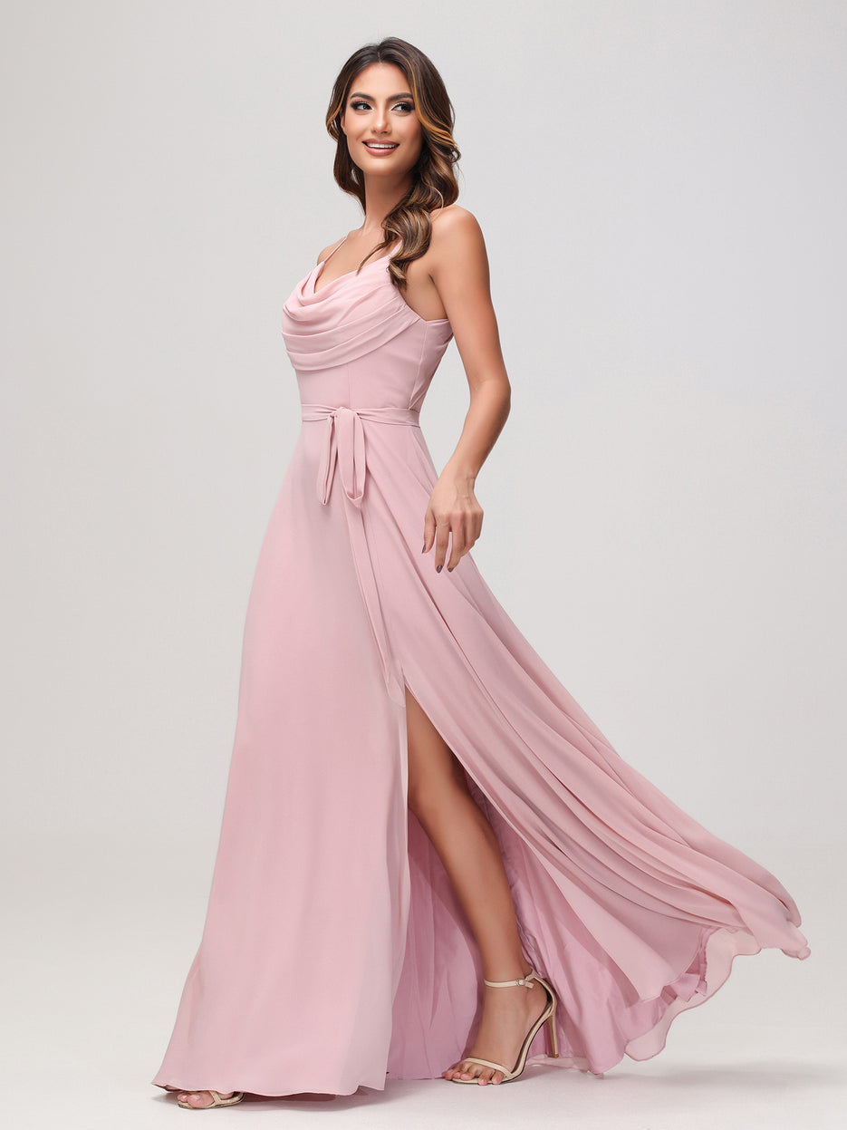 Square Neckline Ruched Chiffon Floor-length Dress Moss