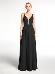 Spaghetti Strap Simple Chiffon Dress with Notch Neck Black