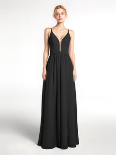 Spaghetti Strap Simple Chiffon Dress with Notch Neck Black