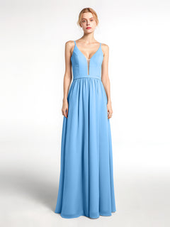 Spaghetti Strap Simple Chiffon Dress with Notch Neck Blue