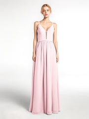 Spaghetti Strap Simple Chiffon Dress with Notch Neck Blushing Pink