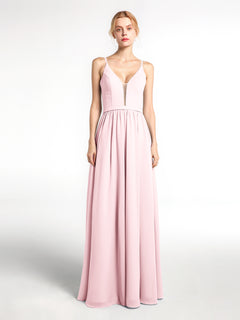 Spaghetti Strap Simple Chiffon Dress with Notch Neck Blushing Pink