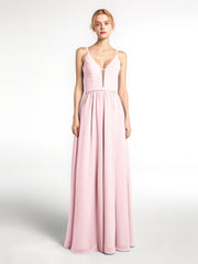 Spaghetti Strap Simple Chiffon Dress with Notch Neck Blushing Pink