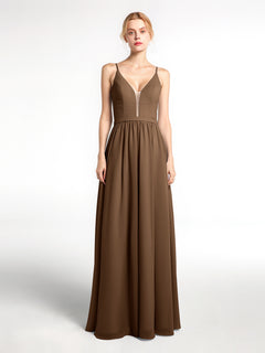 Spaghetti Strap Simple Chiffon Dress with Notch Neck Brown