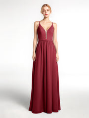 Spaghetti Strap Simple Chiffon Dress with Notch Neck Burgundy