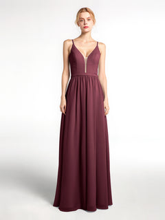 Spaghetti Strap Simple Chiffon Dress with Notch Neck Cabernet