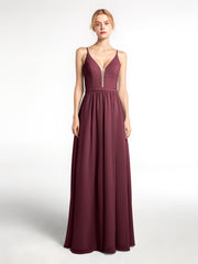 Spaghetti Strap Simple Chiffon Dress with Notch Neck Cabernet