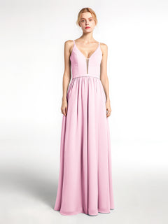 Spaghetti Strap Simple Chiffon Dress with Notch Neck Candy Pink