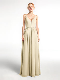 Spaghetti Strap Simple Chiffon Dress with Notch Neck Champagne