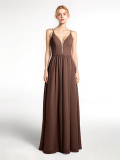 Spaghetti Strap Simple Chiffon Dress with Notch Neck Chocolate