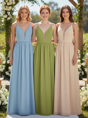 Spaghetti Strap Simple Chiffon Dress with Notch Neck Clover