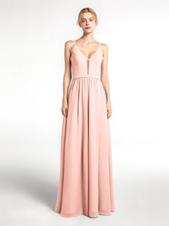 Spaghetti Strap Simple Chiffon Dress with Notch Neck Coral