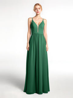 Spaghetti Strap Simple Chiffon Dress with Notch Neck Dark Green