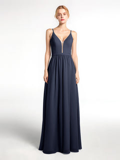 Spaghetti Strap Simple Chiffon Dress with Notch Neck Dark Navy