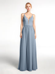 Spaghetti Strap Simple Chiffon Dress with Notch Neck Dusty Blue