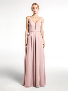 Spaghetti Strap Simple Chiffon Dress with Notch Neck Dusty Rose Plus Size