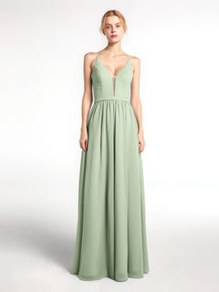 Spaghetti Strap Simple Chiffon Dress with Notch Neck Dusty Sage