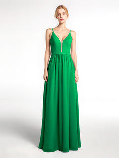 Spaghetti Strap Simple Chiffon Dress with Notch Neck Emerald