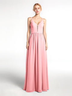 Spaghetti Strap Simple Chiffon Dress with Notch Neck Flamingo