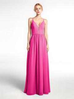 Spaghetti Strap Simple Chiffon Dress with Notch Neck Fuchsia