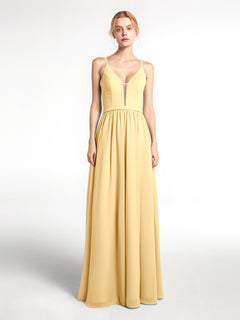 Spaghetti Strap Simple Chiffon Dress with Notch Neck Gold