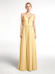 Spaghetti Strap Simple Chiffon Dress with Notch Neck Gold