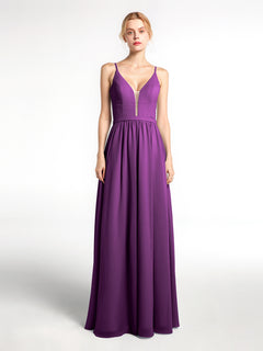 Spaghetti Strap Simple Chiffon Dress with Notch Neck Grape