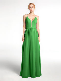 Spaghetti Strap Simple Chiffon Dress with Notch Neck Green