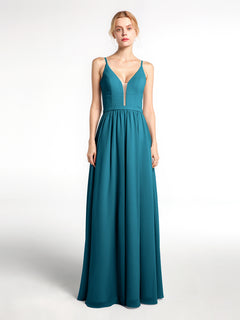 Spaghetti Strap Simple Chiffon Dress with Notch Neck Ink Blue