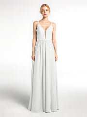 Spaghetti Strap Simple Chiffon Dress with Notch Neck Ivory