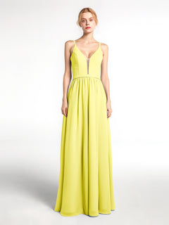 Spaghetti Strap Simple Chiffon Dress with Notch Neck Lemon