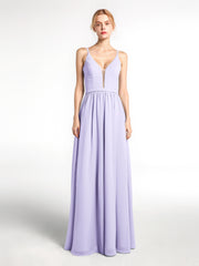 Spaghetti Strap Simple Chiffon Dress with Notch Neck Lilac