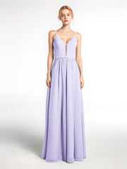 Spaghetti Strap Simple Chiffon Dress with Notch Neck Lilac