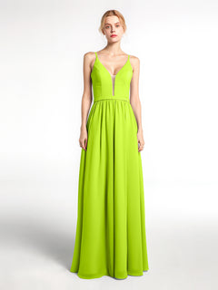 Spaghetti Strap Simple Chiffon Dress with Notch Neck Lime Green