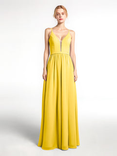 Spaghetti Strap Simple Chiffon Dress with Notch Neck Marigold