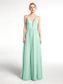 Spaghetti Strap Simple Chiffon Dress with Notch Neck Mint Green Plus Size