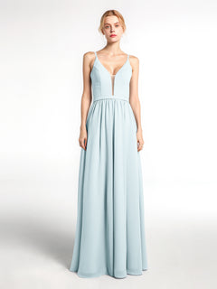 Spaghetti Strap Simple Chiffon Dress with Notch Neck Mist