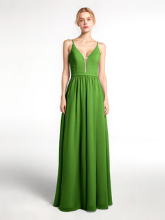 Spaghetti Strap Simple Chiffon Dress with Notch Neck Moss