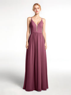 Spaghetti Strap Simple Chiffon Dress with Notch Neck Mulberry